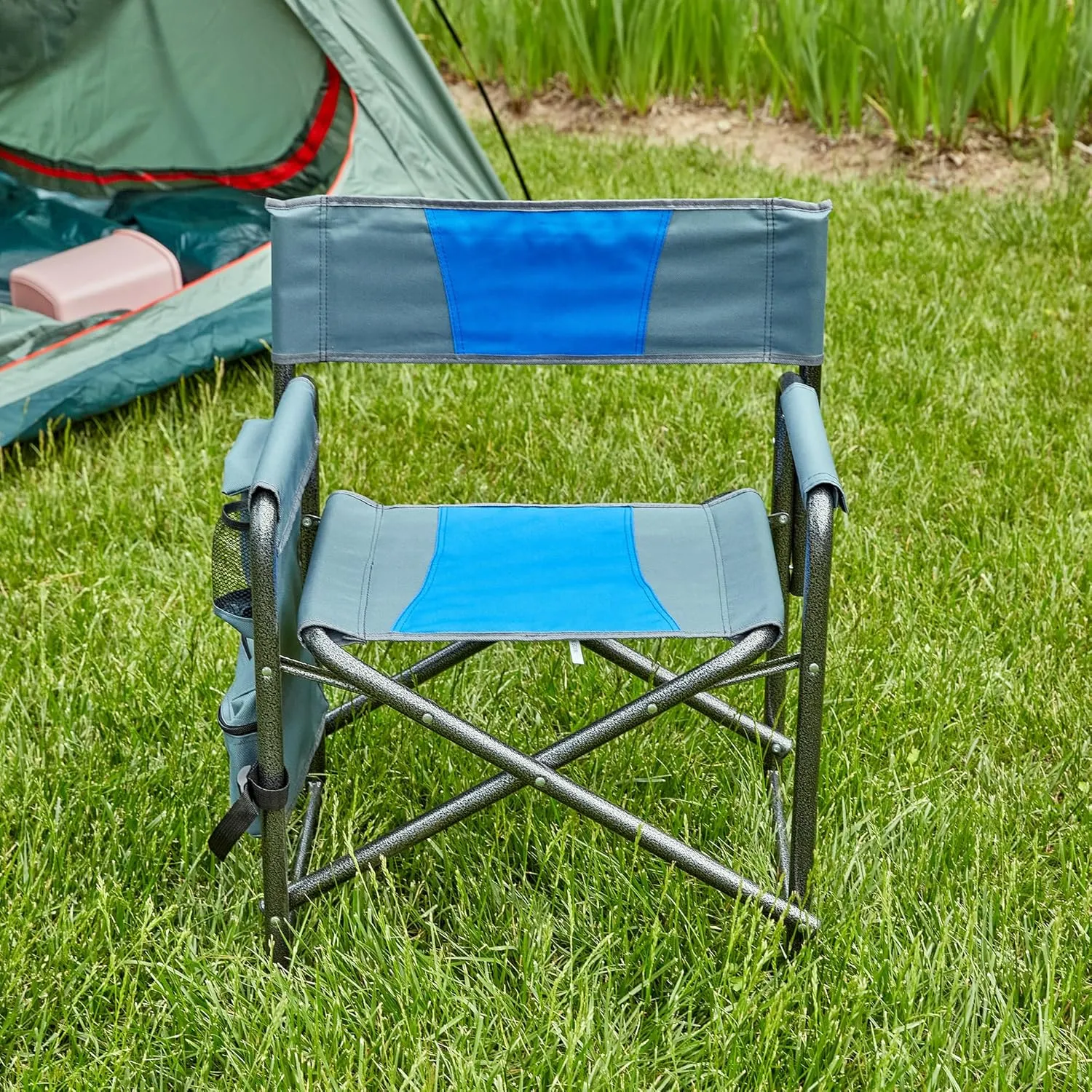 1-Piece Padded Folding Outdoor Camping Chair with Storage Pockets, Lightweight Oversized Directors Chair 23.62" L x 16.9" W x 29.5" H Blue/Grey