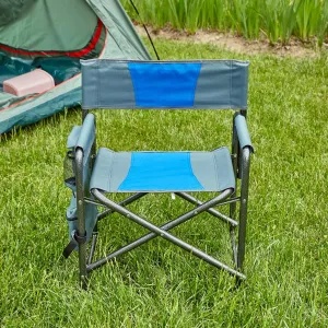 1-Piece Padded Folding Outdoor Camping Chair with Storage Pockets, Lightweight Oversized Directors Chair 23.62" L x 16.9" W x 29.5" H Blue/Grey