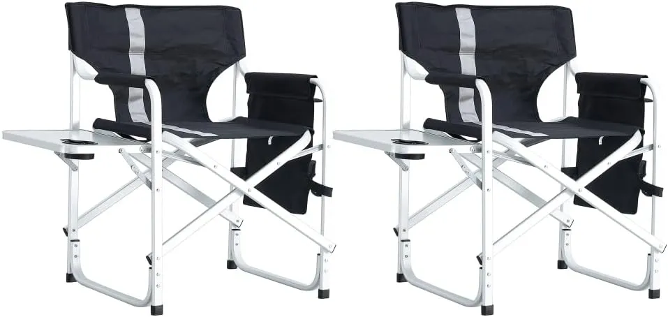 1-Piece Padded Folding Outdoor Chair with Side Table and Storage Pockets,Lightweight Oversized Directors Chair for Indoor, Outdoor Camping, (Black  Gray   Aluminum-1)