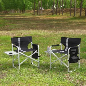 1-Piece Padded Folding Outdoor Chair with Side Table and Storage Pockets,Lightweight Oversized Directors Chair for Indoor, Outdoor Camping, (Black  Gray   Aluminum-1)