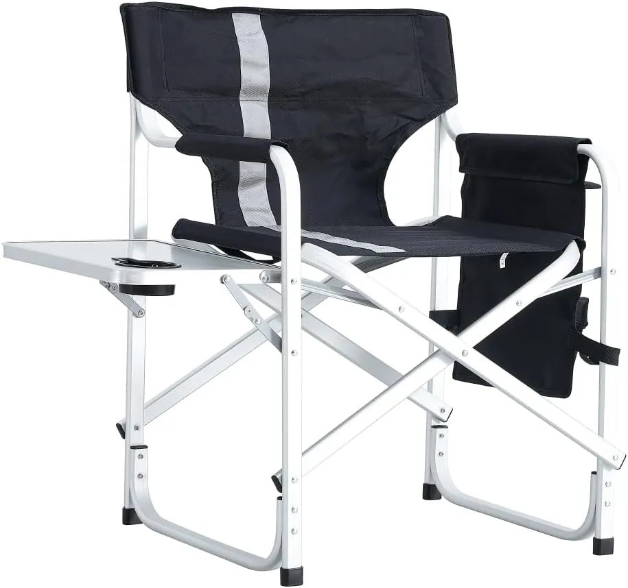 1-Piece Padded Folding Outdoor Chair with Side Table and Storage Pockets,Lightweight Oversized Directors Chair for Indoor, Outdoor Camping, (Black  Gray   Aluminum-1)