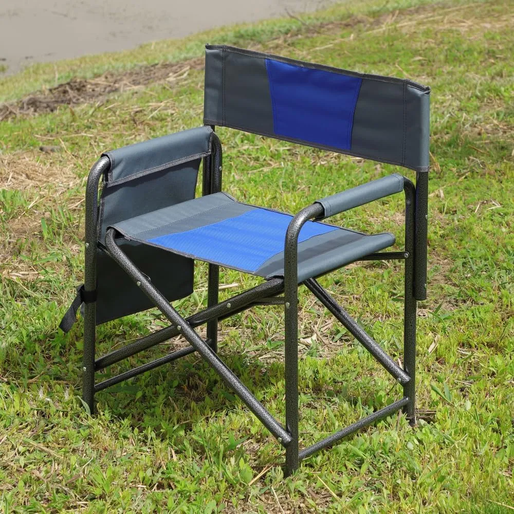 1-Piece Padded Folding Outdoor Chair with Storage Pockets,Lightweight Oversized Directors Chair for Indoor, Outdoor Camping, Picnics and Fishing,Blue/Grey