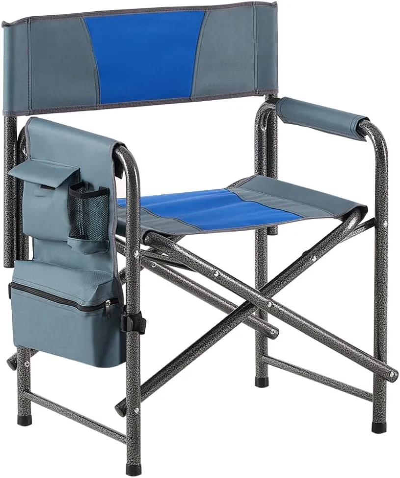 1-Piece Padded Folding Outdoor Chair with Storage Pockets,Lightweight Oversized Directors Chair for Indoor, Outdoor Camping, Picnics and Fishing,Blue/Grey