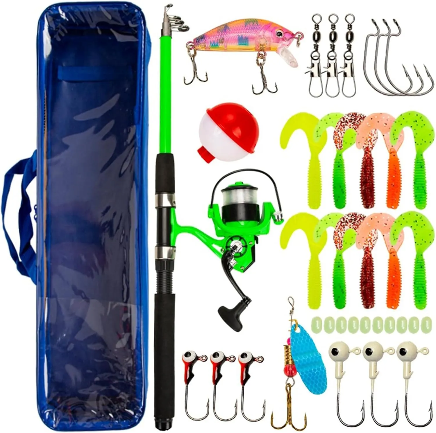 1 Set 2.1M Fishing Rod Kit with Spinning Reel Line Lure Hook Heavy Duty Fiberglass Long Casting Telescopic Sea Fishing Pole Fishing Accessories Green