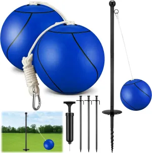 10 ft Tetherball Set with 2 Balls, Portable Replacement Tetherball Ball and Rope and Pole Tether Ball Equipment Adjustable Tether Ball Pole Game for Adult Dog Outdoor Backyard Beach(Blue,Classic)