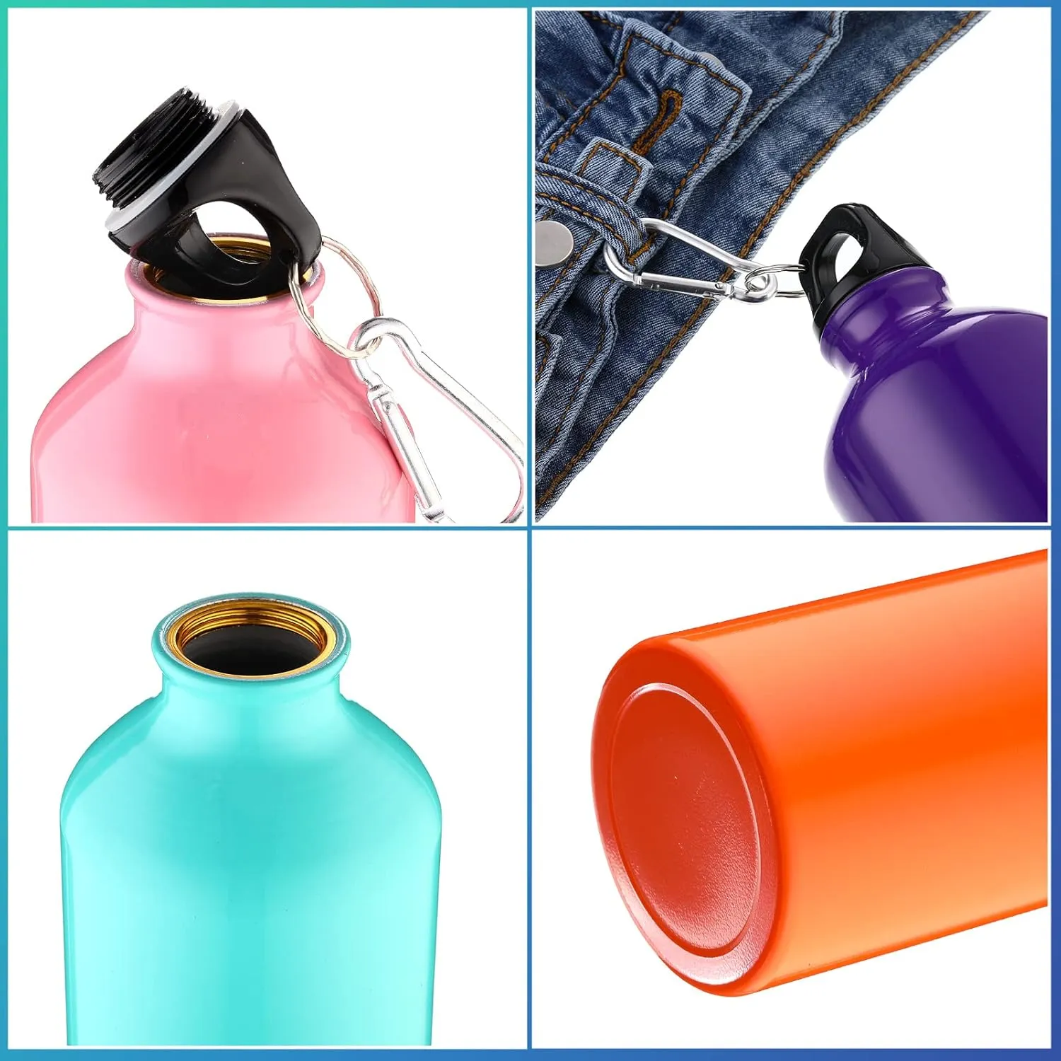 10 Pack Lightweight Reusable Aluminum Bottles with Carabiner - Leak Proof Team Water Bottles for Gym, Sports, Bicycle, Camping