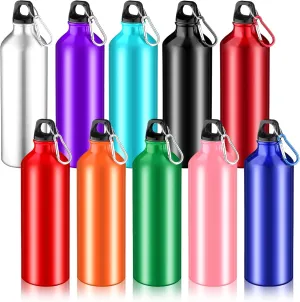 10 Pack Lightweight Reusable Aluminum Bottles with Carabiner - Leak Proof Team Water Bottles for Gym, Sports, Bicycle, Camping