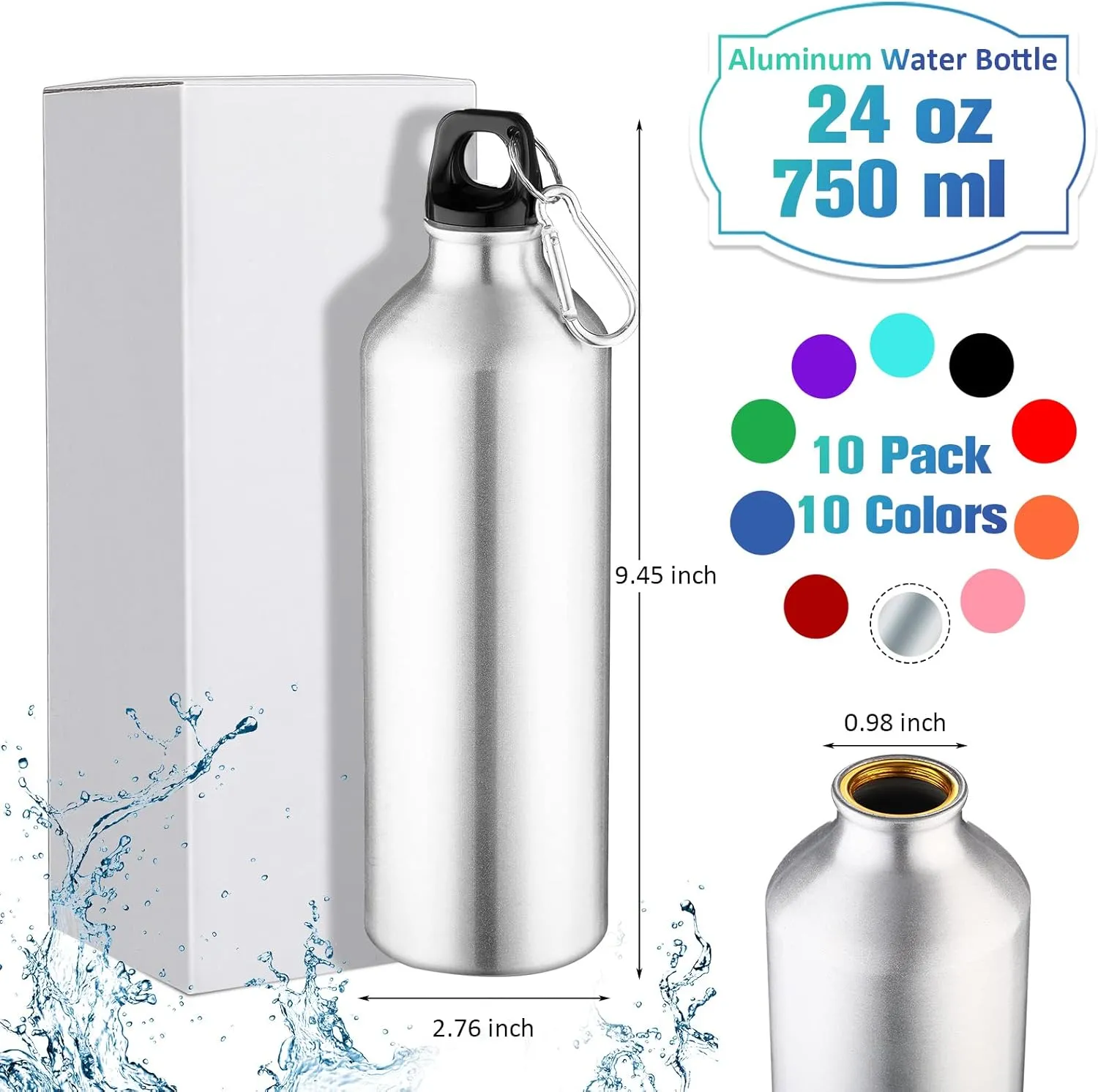10 Pack Lightweight Reusable Aluminum Bottles with Carabiner - Leak Proof Team Water Bottles for Gym, Sports, Bicycle, Camping