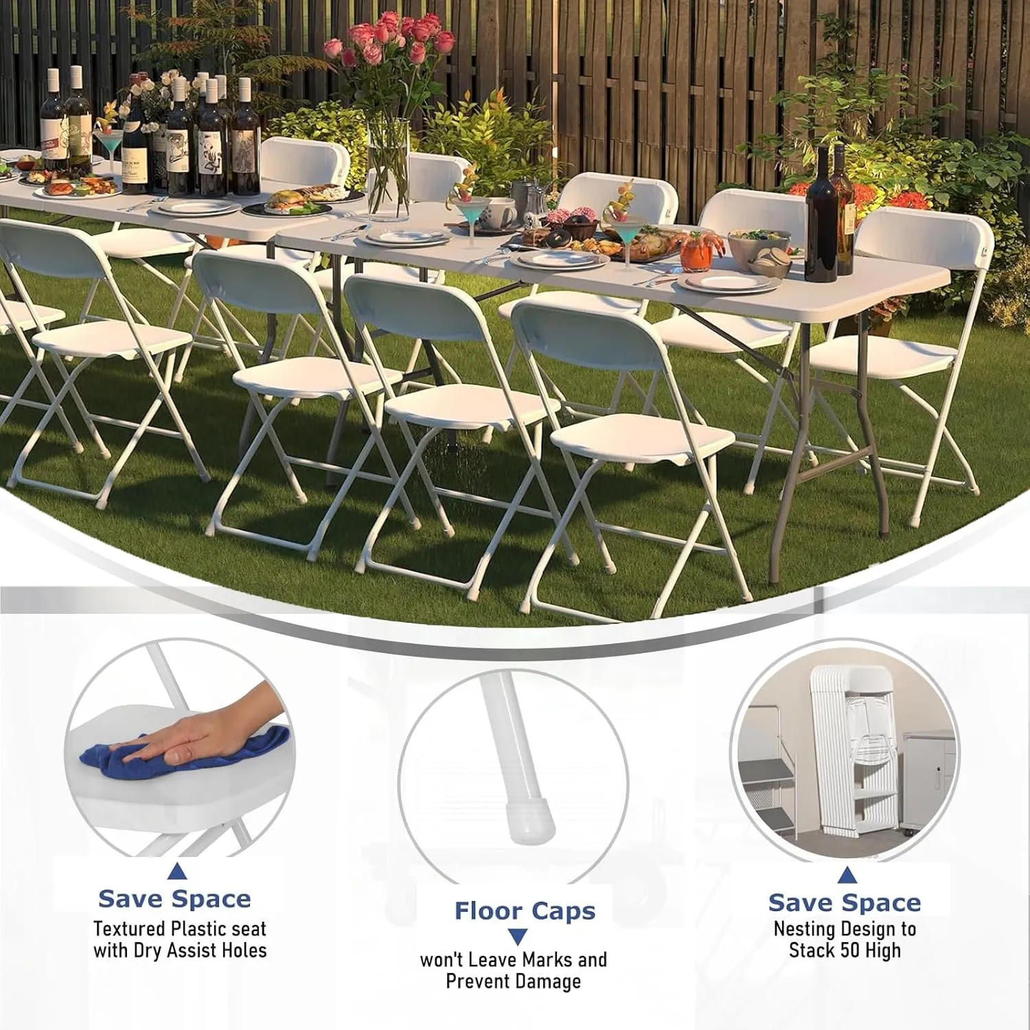 10 Pack White Plastic Folding Chair for Indoor Outdoor Commercial, 350 lb Capacity Plastic Folding Chairs with Steel Frame for Office Wedding Party Events