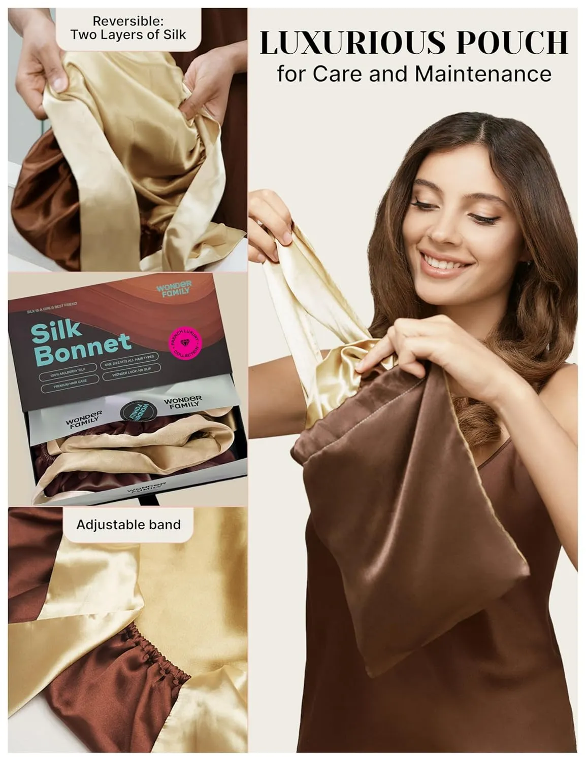 100% Mulberry Silk Bonnet for Sleeping Women with Curly Hair – Alternative to Double Layer Satin Bonnet with Tie Band – Premium Silk Hair Wrap for Sleep with Wonder Loop Chocolate