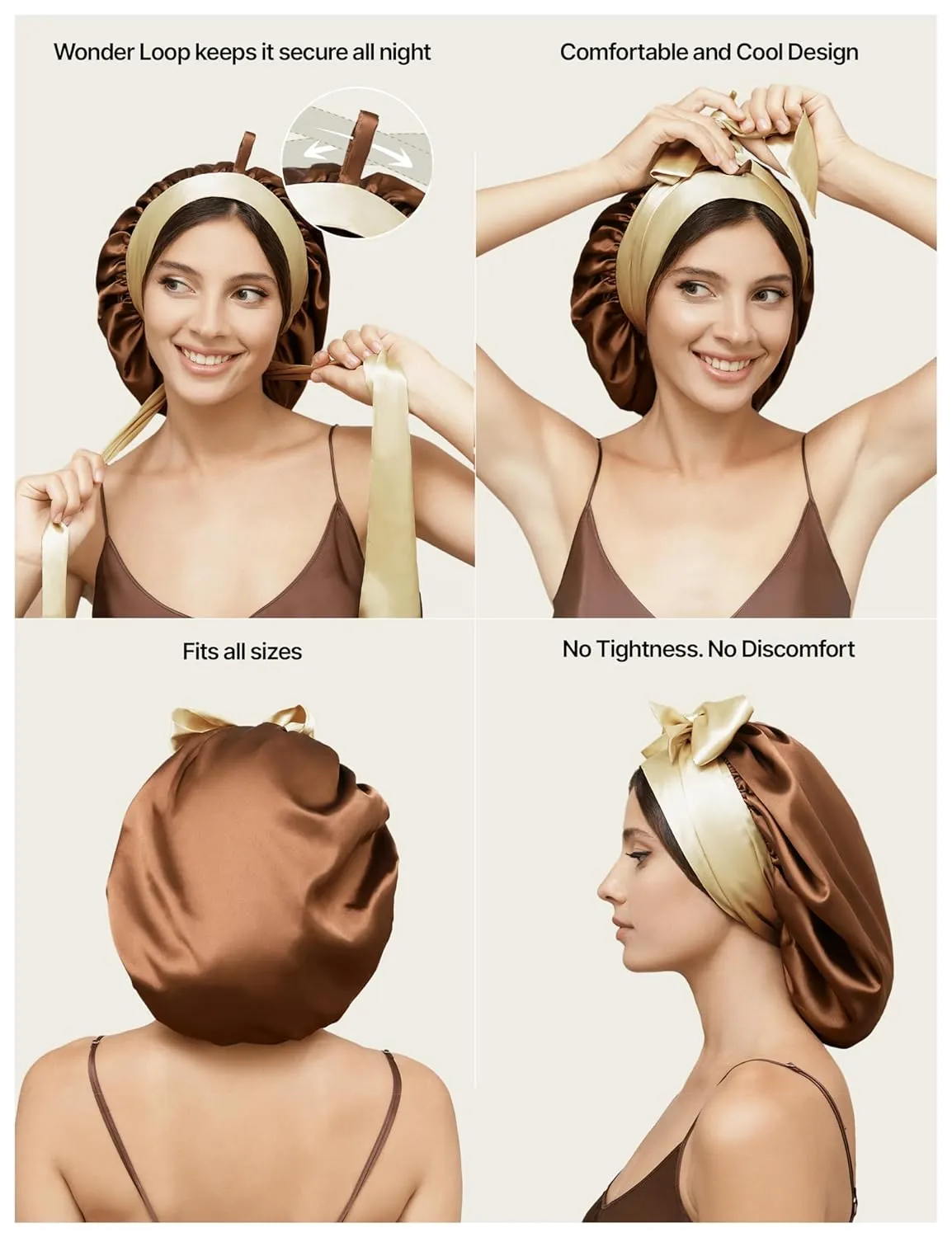 100% Mulberry Silk Bonnet for Sleeping Women with Curly Hair – Alternative to Double Layer Satin Bonnet with Tie Band – Premium Silk Hair Wrap for Sleep with Wonder Loop Chocolate
