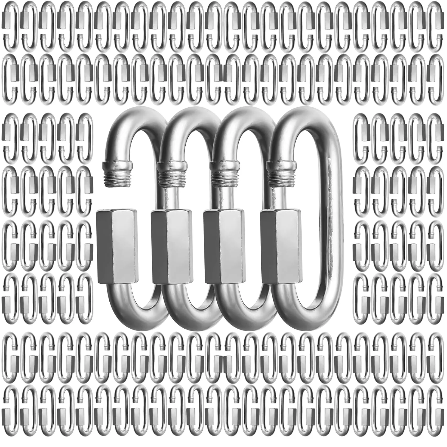100Pack 1/4 Inch Quick Links, 2.3 Inch Long Locking Carabiners, Heavy Duty Chain Quick Link Thread Chain Connector for Tire GymCamping Rope Connector and Trailer, Galvanized D Shape Repair Chain Link