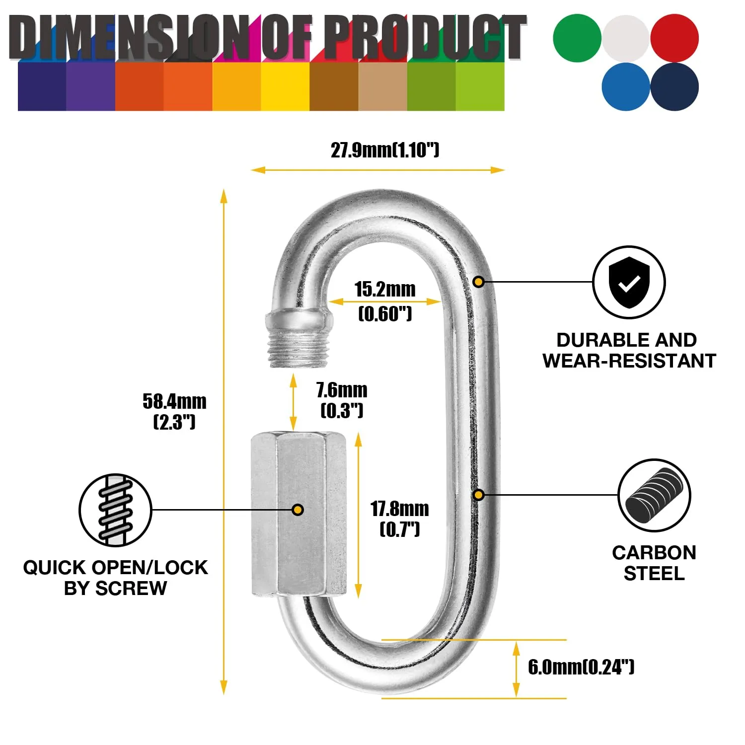100Pack 1/4 Inch Quick Links, 2.3 Inch Long Locking Carabiners, Heavy Duty Chain Quick Link Thread Chain Connector for Tire GymCamping Rope Connector and Trailer, Galvanized D Shape Repair Chain Link