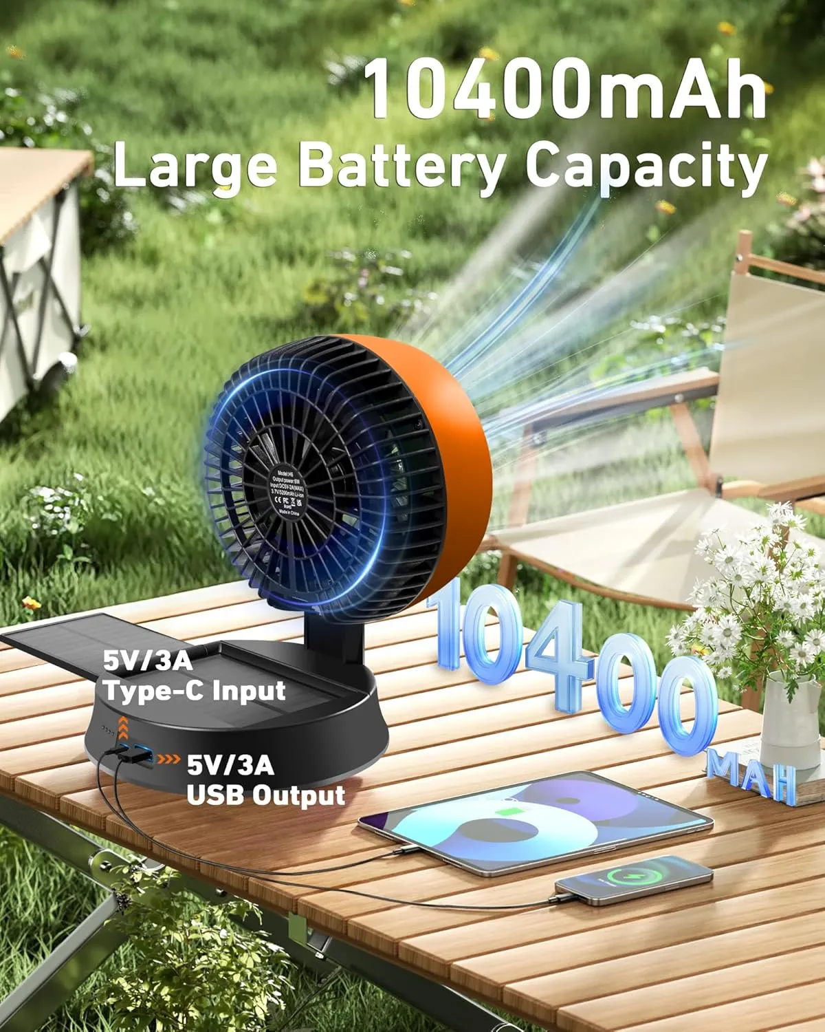 10400mAh Solar Camping Fan with LED Lantern, Rechargeable Portable Fan with 5W Solar Panel, Battery Operated Personal Fan for Outside Picnic, Fishing, Outdoor Tent Fan for Camping Essentials