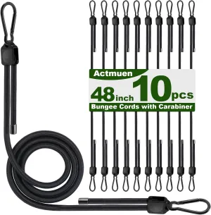 10PCS 48Inch Bungee Cords with Hooks,10-48 Inch Adjustable Bungee Cords, Natural Latex Elastic Ropes - Black Elastic Straps for Camping Gear, Home Storage, Office Organization
