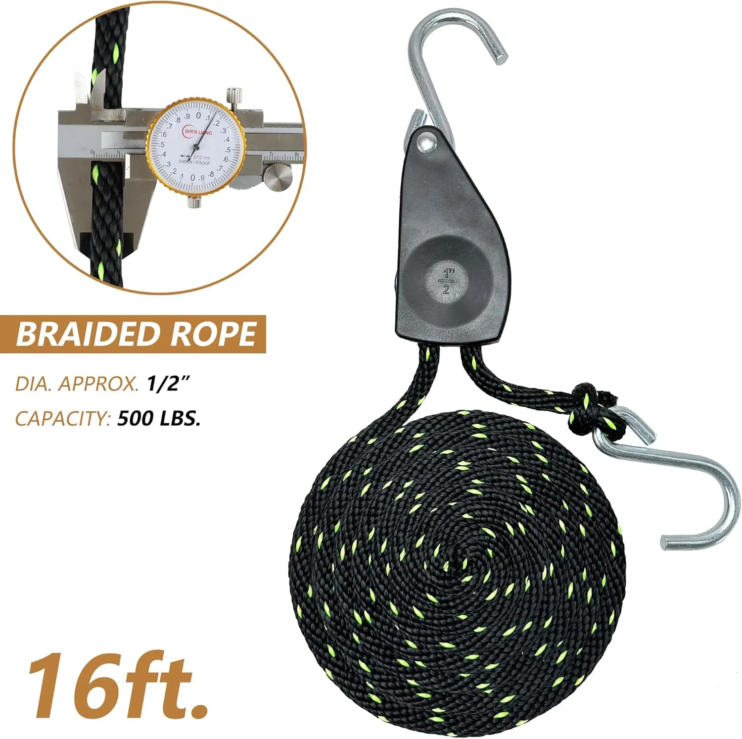 1/2” x 16ft. Tie Down Rope, Heavy-Duty Braided Locking Ratchet Pulley with 4” Carabiner for Kayak Bow and Stern Secure – 1 Pair