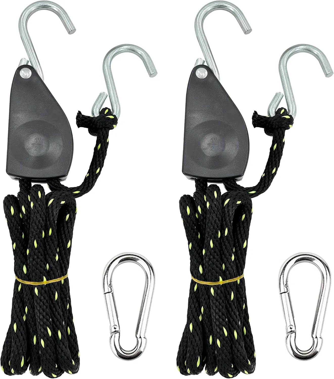 1/2” x 16ft. Tie Down Rope, Heavy-Duty Braided Locking Ratchet Pulley with 4” Carabiner for Kayak Bow and Stern Secure – 1 Pair