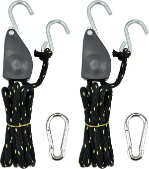 1/2” x 16ft. Tie Down Rope, Heavy-Duty Braided Locking Ratchet Pulley with 4” Carabiner for Kayak Bow and Stern Secure – 1 Pair