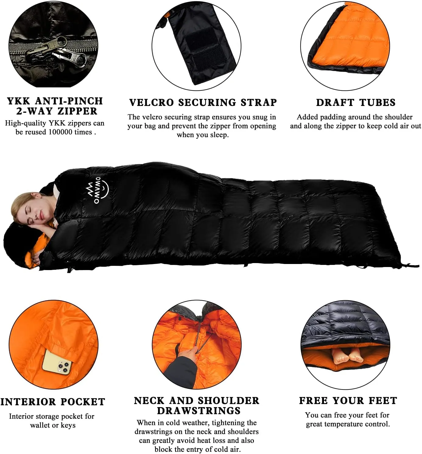 15°F 10°F Duck Down Sleeping Bag for Adults,650 Fill Power,Ultralight Wearable 4 Season Cold Weather Rectangle Sleeping Bag for Camping Hiking,Can be Used as a Down Blanket or Cloak