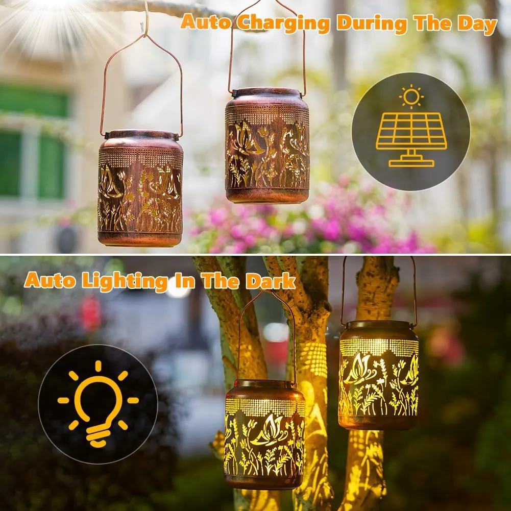 2 Pack Butterfly Solar Lanterns Outdoor Waterproof,Birthday Gifts for Women Mom,Hanging Solar Lights Outdoor LED 6.9" Metal Butterfly Decorative Lanterns for Patio,Pathway,Yard,Garden Decor