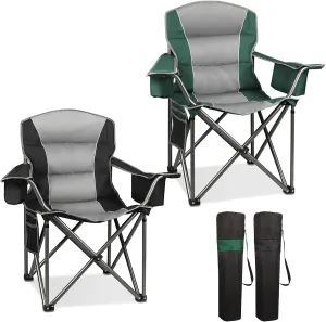 2 Pack Oversized Camping Chair, Padded Portable Chairs Heavy Duty Camping Folding Chairs w/Cooler Bag & Cup Holder, Support 400 LBS for Outdoor, Fishing & Garden (Black & Green)