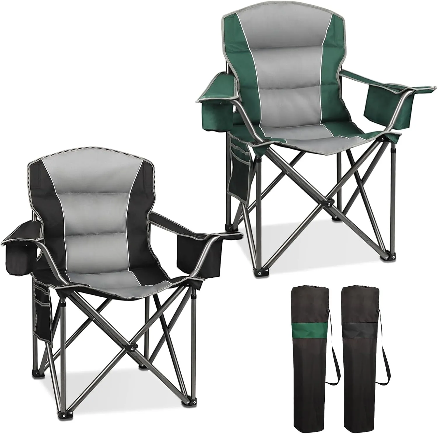 2 Pack Oversized Camping Chair, Padded Portable Chairs Heavy Duty Camping Folding Chairs w/Cooler Bag & Cup Holder, Support 400 LBS for Outdoor, Fishing & Garden (Black & Green)