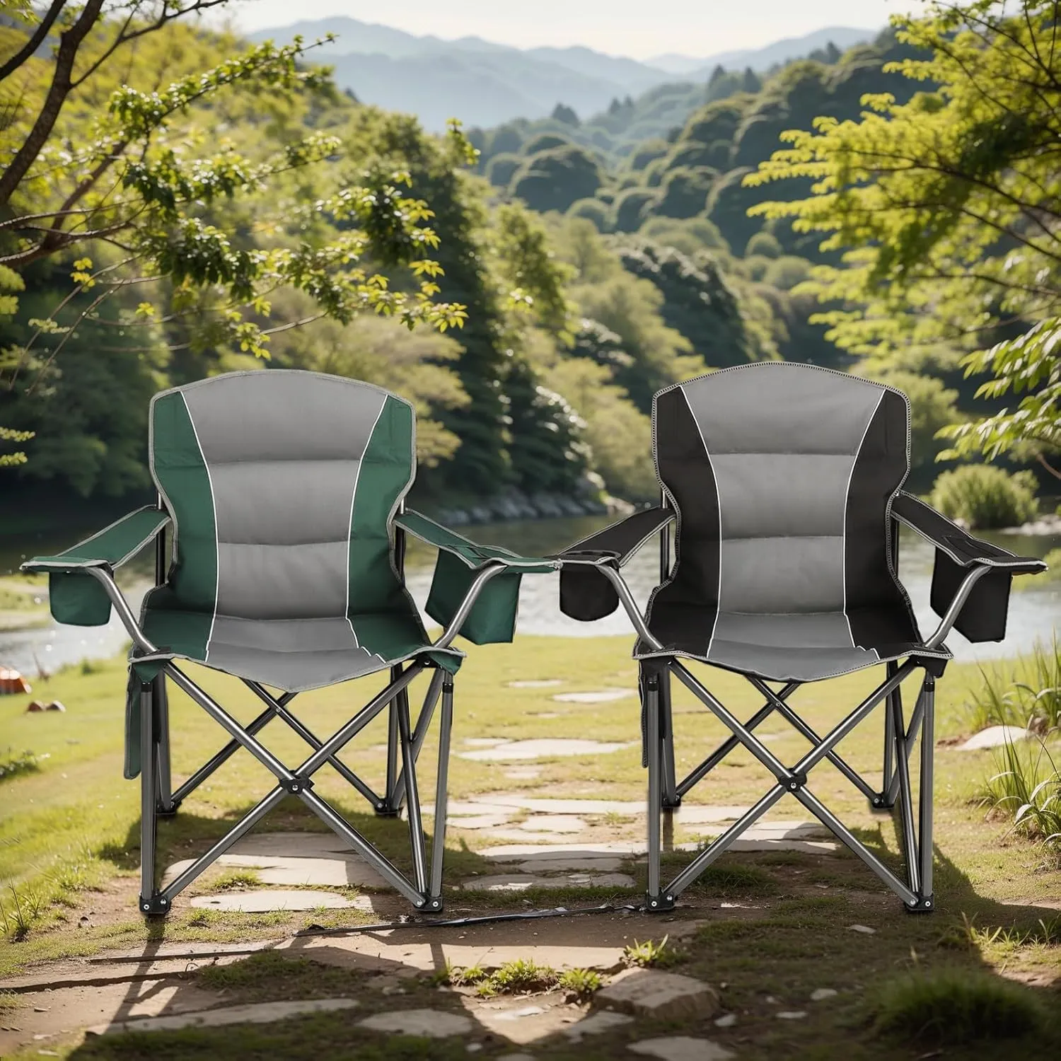 2 Pack Oversized Camping Chair, Padded Portable Chairs Heavy Duty Camping Folding Chairs w/Cooler Bag & Cup Holder, Support 400 LBS for Outdoor, Fishing & Garden (Black & Green)