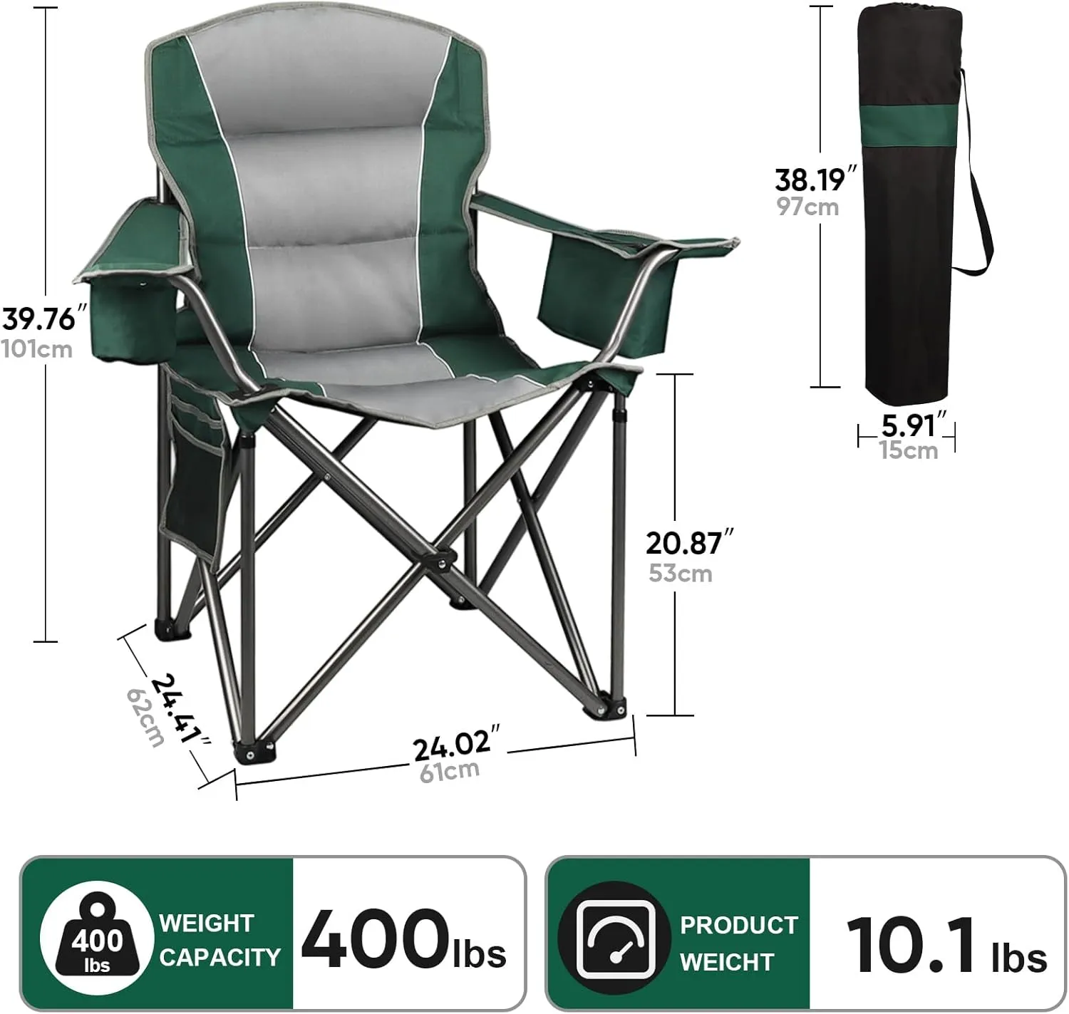 2 Pack Oversized Camping Chair, Padded Portable Chairs Heavy Duty Camping Folding Chairs w/Cooler Bag & Cup Holder, Support 400 LBS for Outdoor, Fishing & Garden (Black & Green)