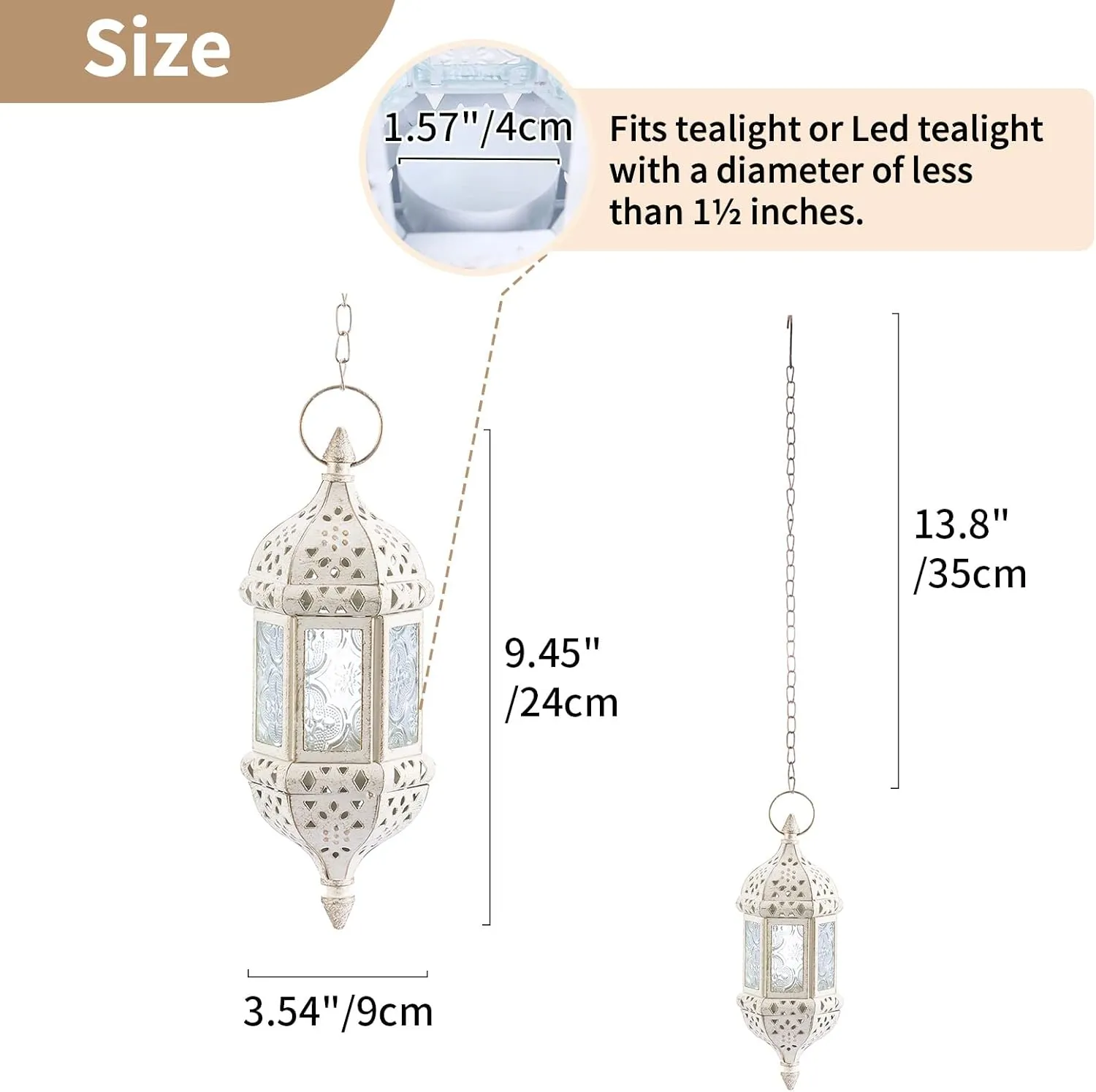 2 Pcs Moroccan Lantern Metalwork Hanging Tealight Candle Holder Metal Glass Indoor Outdoor Battery Operated LED Flameless with 13.8 inches Chain, White