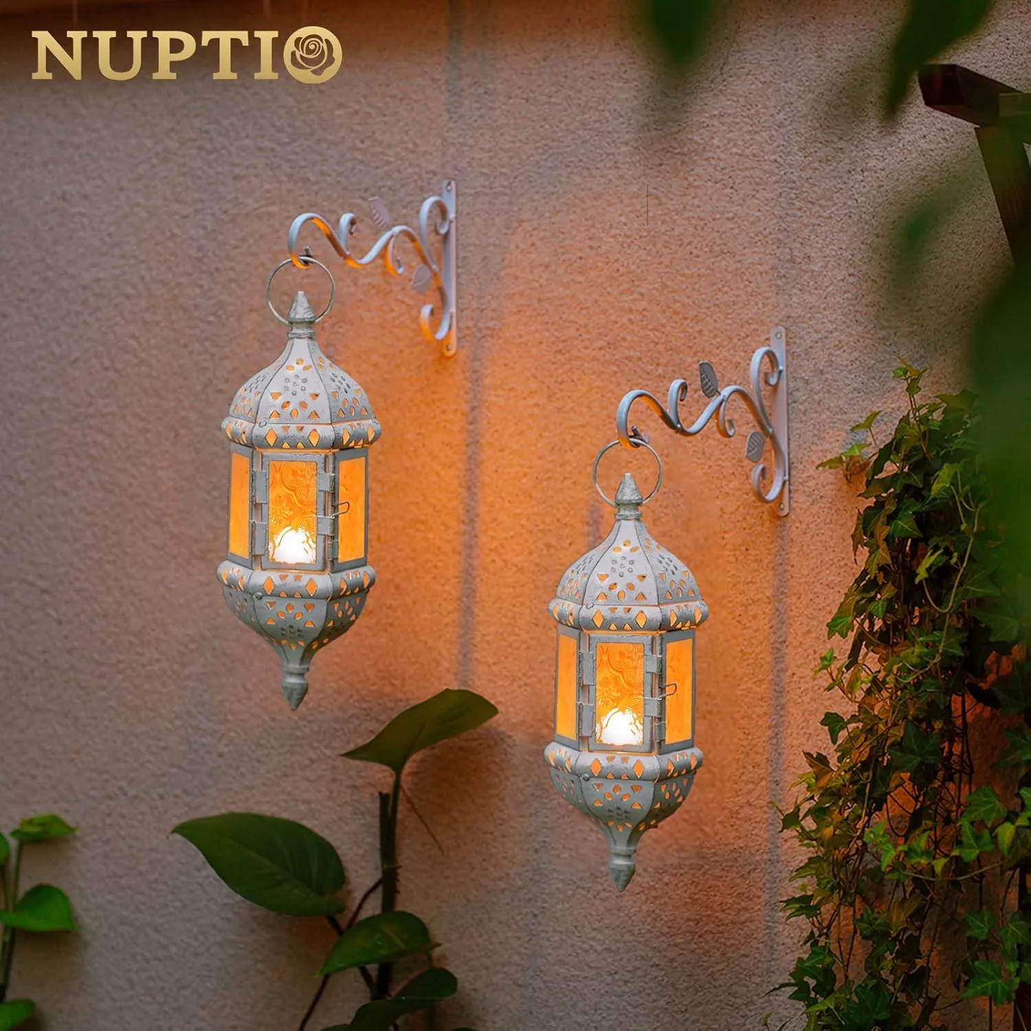 2 Pcs Moroccan Lantern Metalwork Hanging Tealight Candle Holder Metal Glass Indoor Outdoor Battery Operated LED Flameless with 13.8 inches Chain, White