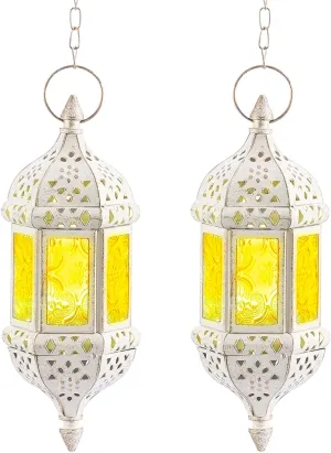 2 Pcs Moroccan Lantern Metalwork Hanging Tealight Candle Holder Metal Glass Indoor Outdoor Battery Operated LED Flameless with 13.8 inches Chain, White