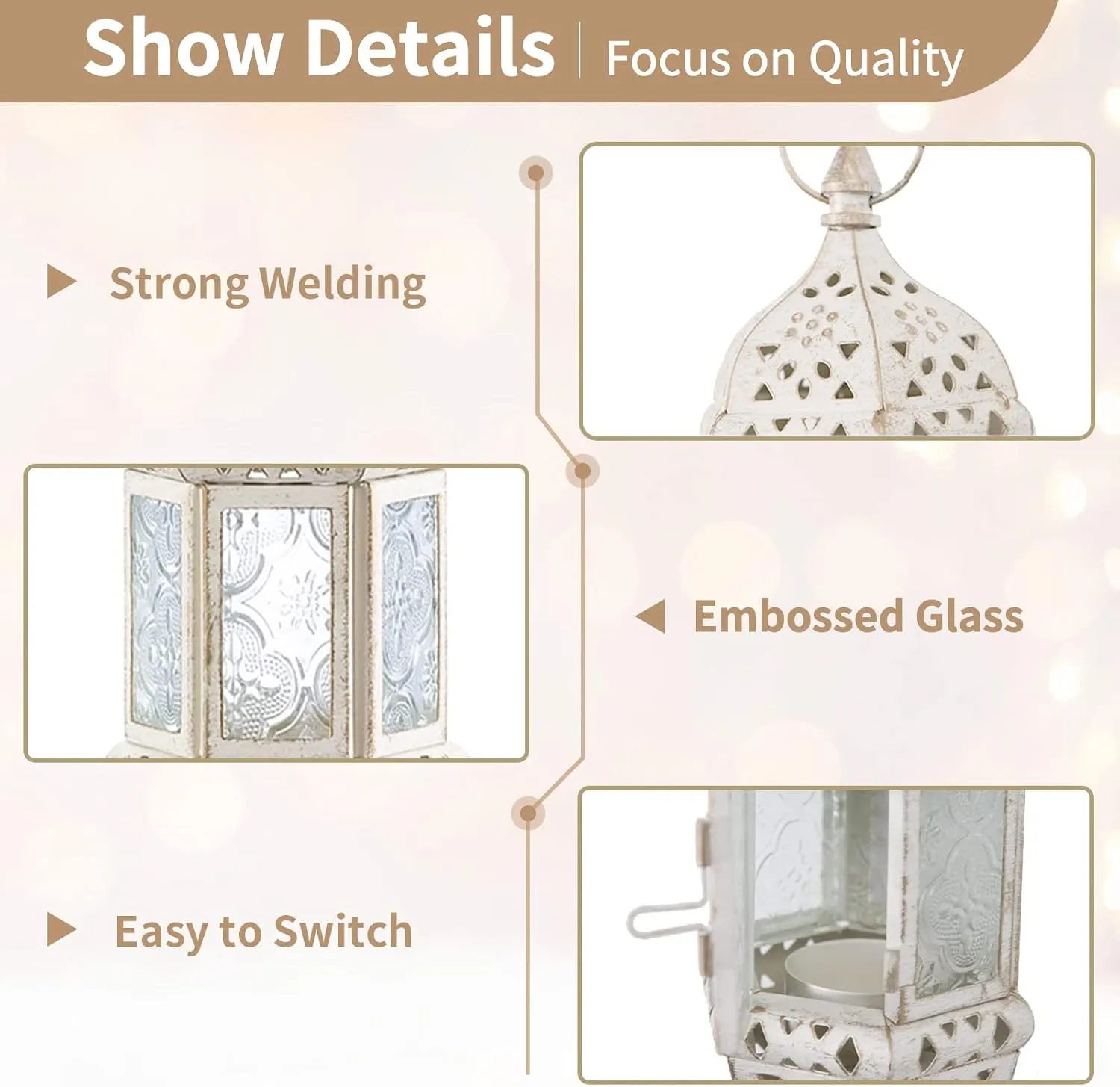 2 Pcs Moroccan Lantern Metalwork Hanging Tealight Candle Holder Metal Glass Indoor Outdoor Battery Operated LED Flameless with 13.8 inches Chain, White