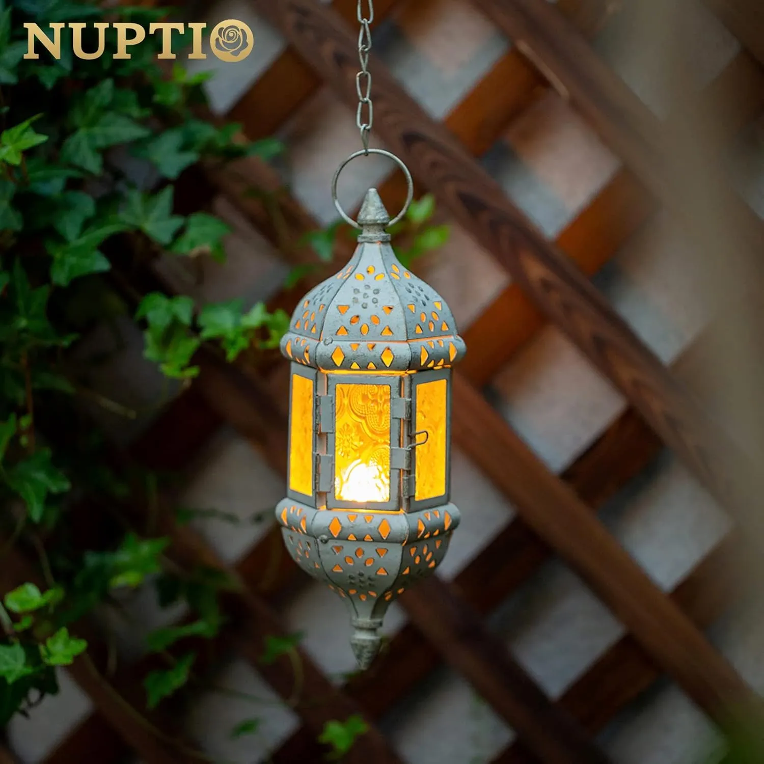 2 Pcs Moroccan Lantern Metalwork Hanging Tealight Candle Holder Metal Glass Indoor Outdoor Battery Operated LED Flameless with 13.8 inches Chain, White