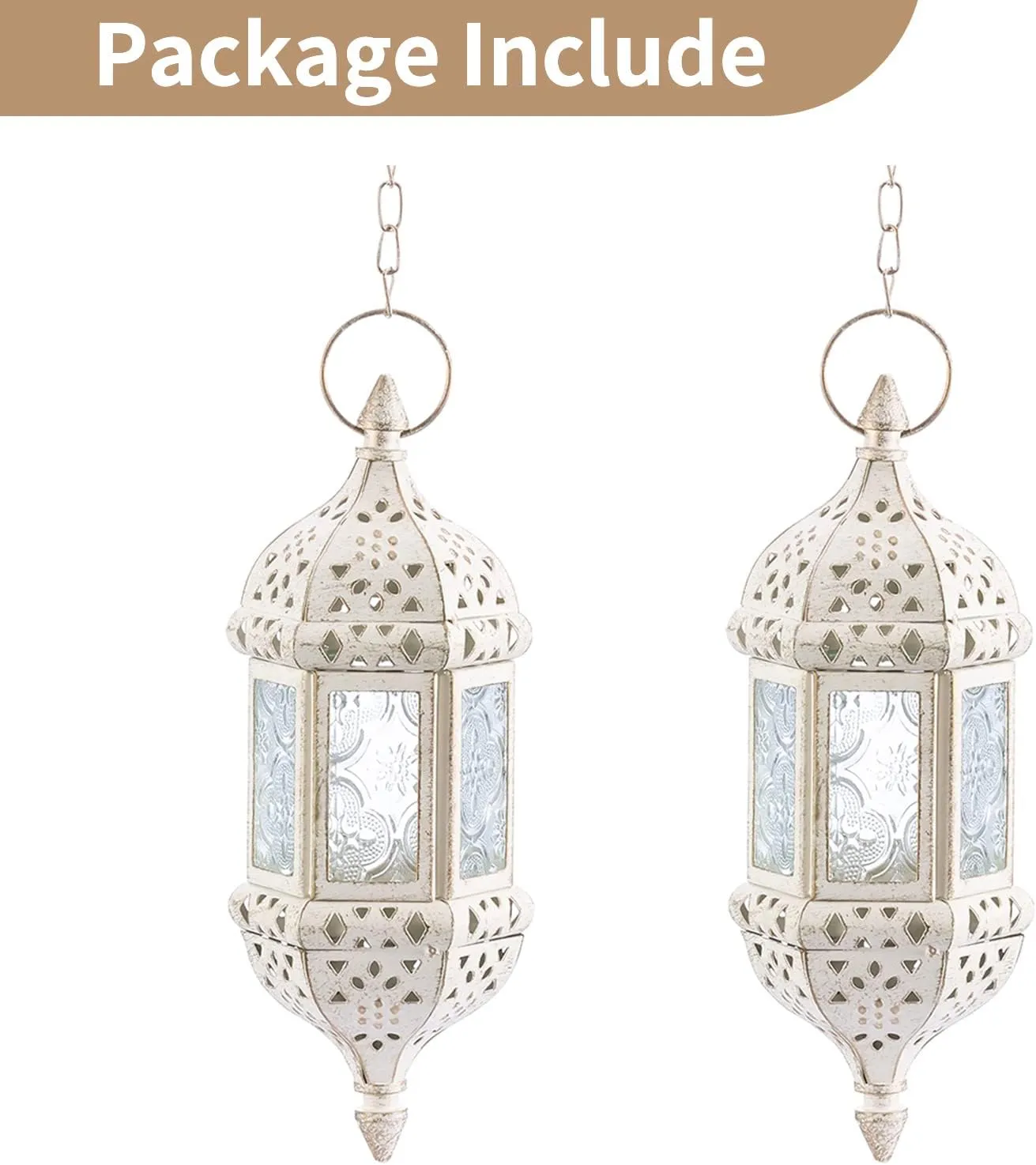 2 Pcs Moroccan Lantern Metalwork Hanging Tealight Candle Holder Metal Glass Indoor Outdoor Battery Operated LED Flameless with 13.8 inches Chain, White