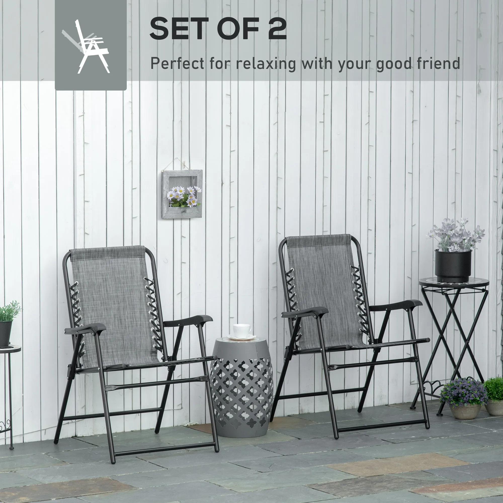 2 Pieces Outdoor Folding Chairs, Portable with Armrests, Gray