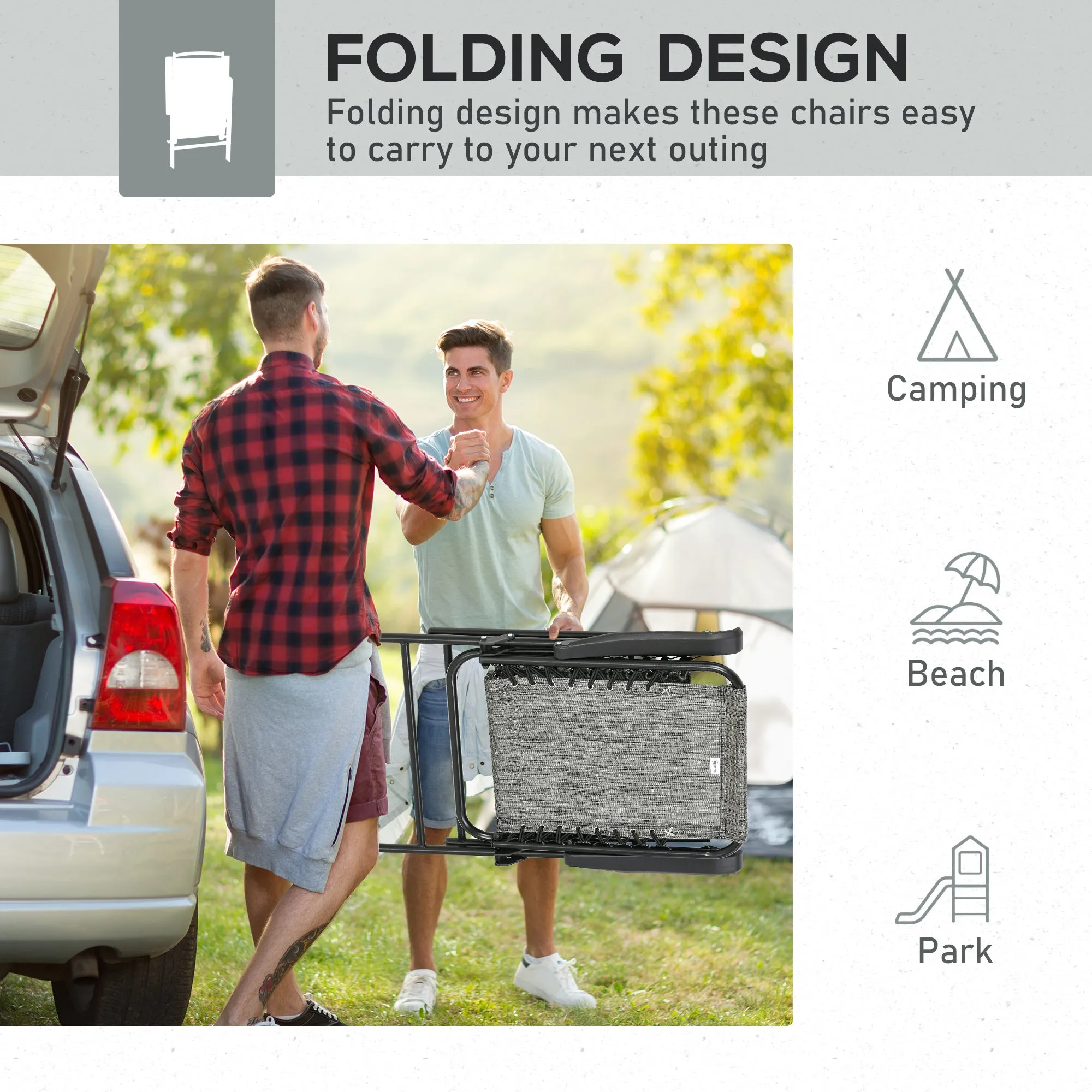 2 Pieces Outdoor Folding Chairs, Portable with Armrests, Gray