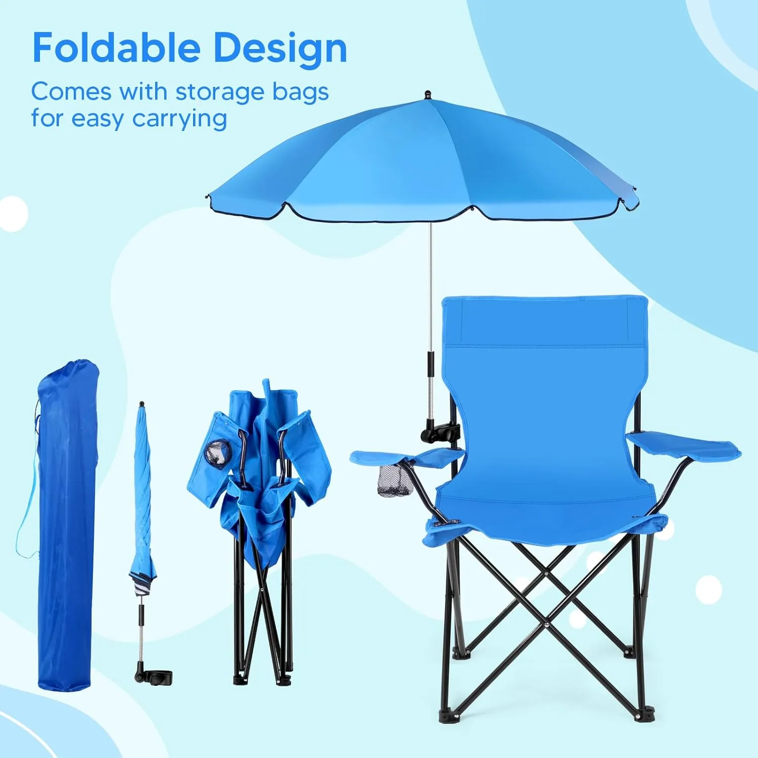 2 Set Beach Chair with Umbrella Folding Camping Chair for Adult Adjustable Shade Umbrella with Carry Bag for Lawn Beach Camping Travel Outdoor Pool, Dark Blue