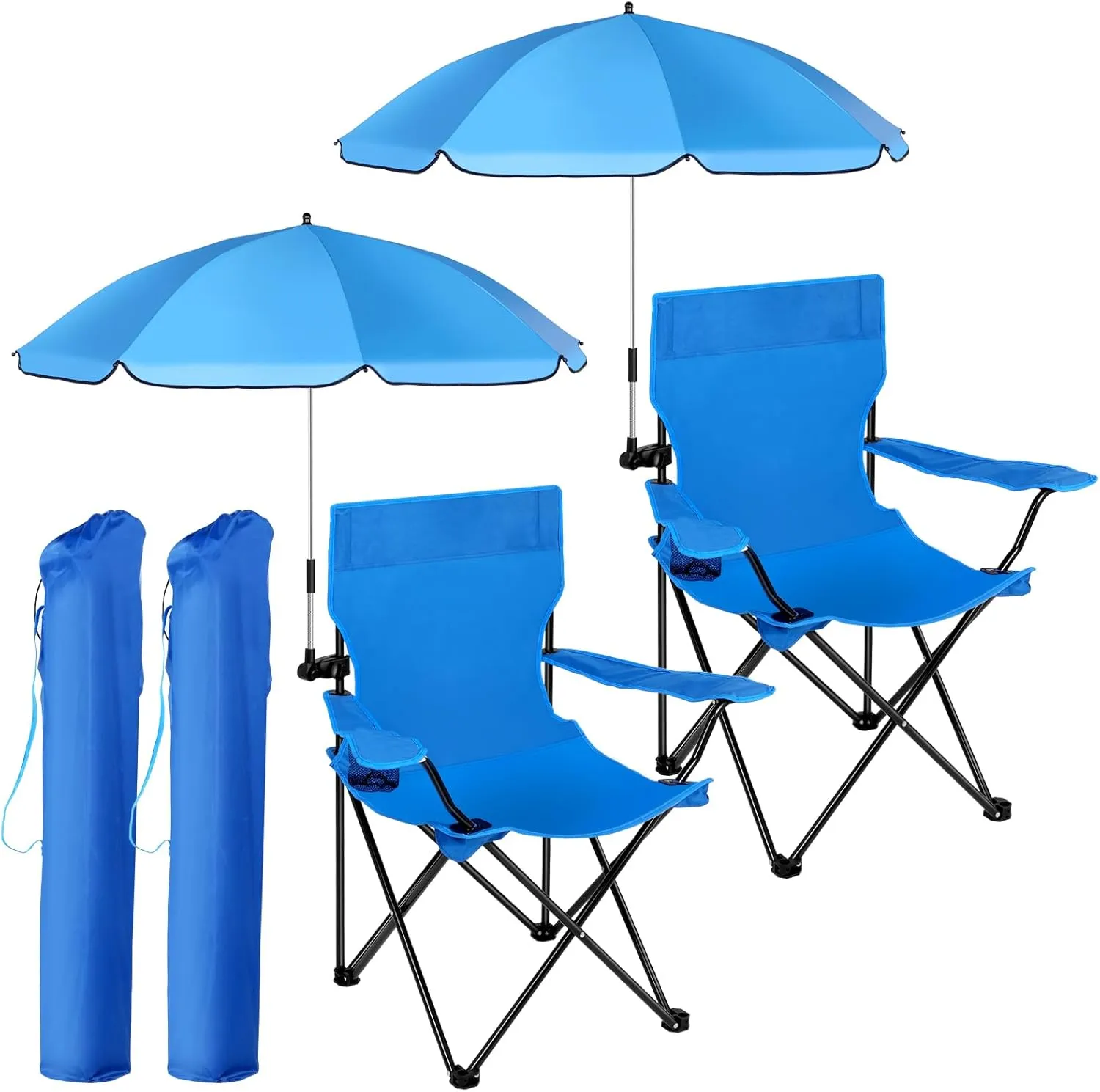 2 Set Beach Chair with Umbrella Folding Camping Chair for Adult Adjustable Shade Umbrella with Carry Bag for Lawn Beach Camping Travel Outdoor Pool, Dark Blue