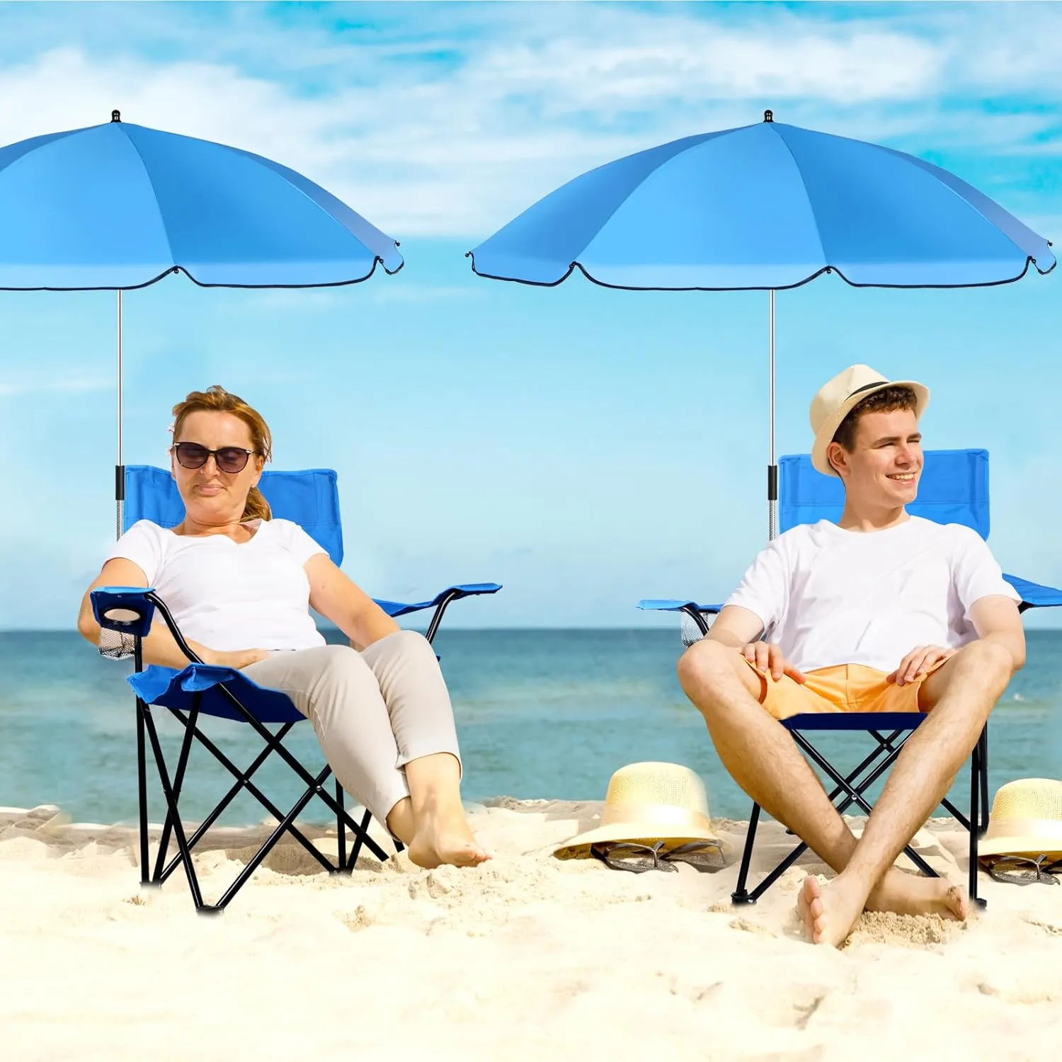2 Set Beach Chair with Umbrella Folding Camping Chair for Adult Adjustable Shade Umbrella with Carry Bag for Lawn Beach Camping Travel Outdoor Pool, Dark Blue