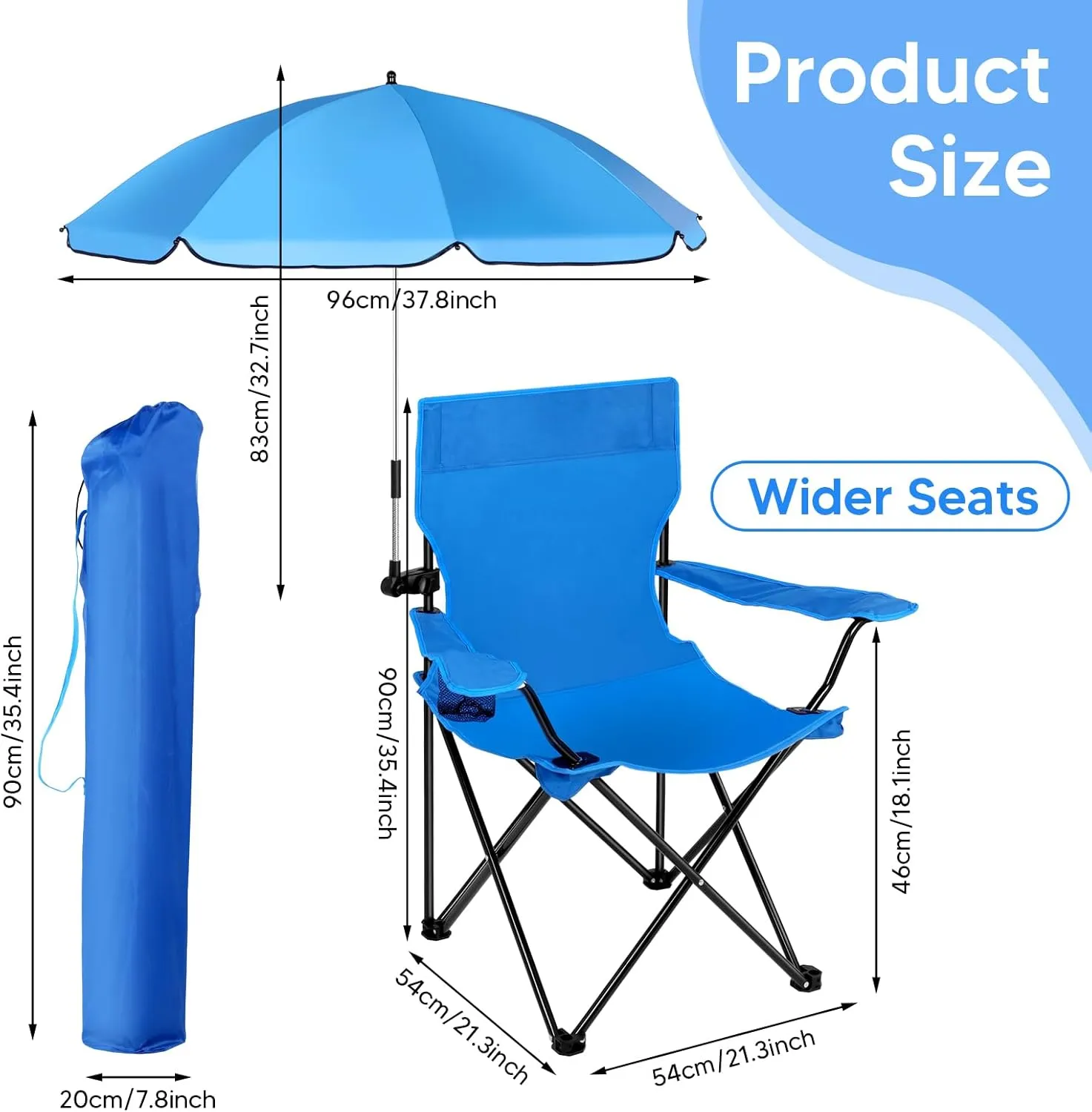 2 Set Beach Chair with Umbrella Folding Camping Chair for Adult Adjustable Shade Umbrella with Carry Bag for Lawn Beach Camping Travel Outdoor Pool, Dark Blue