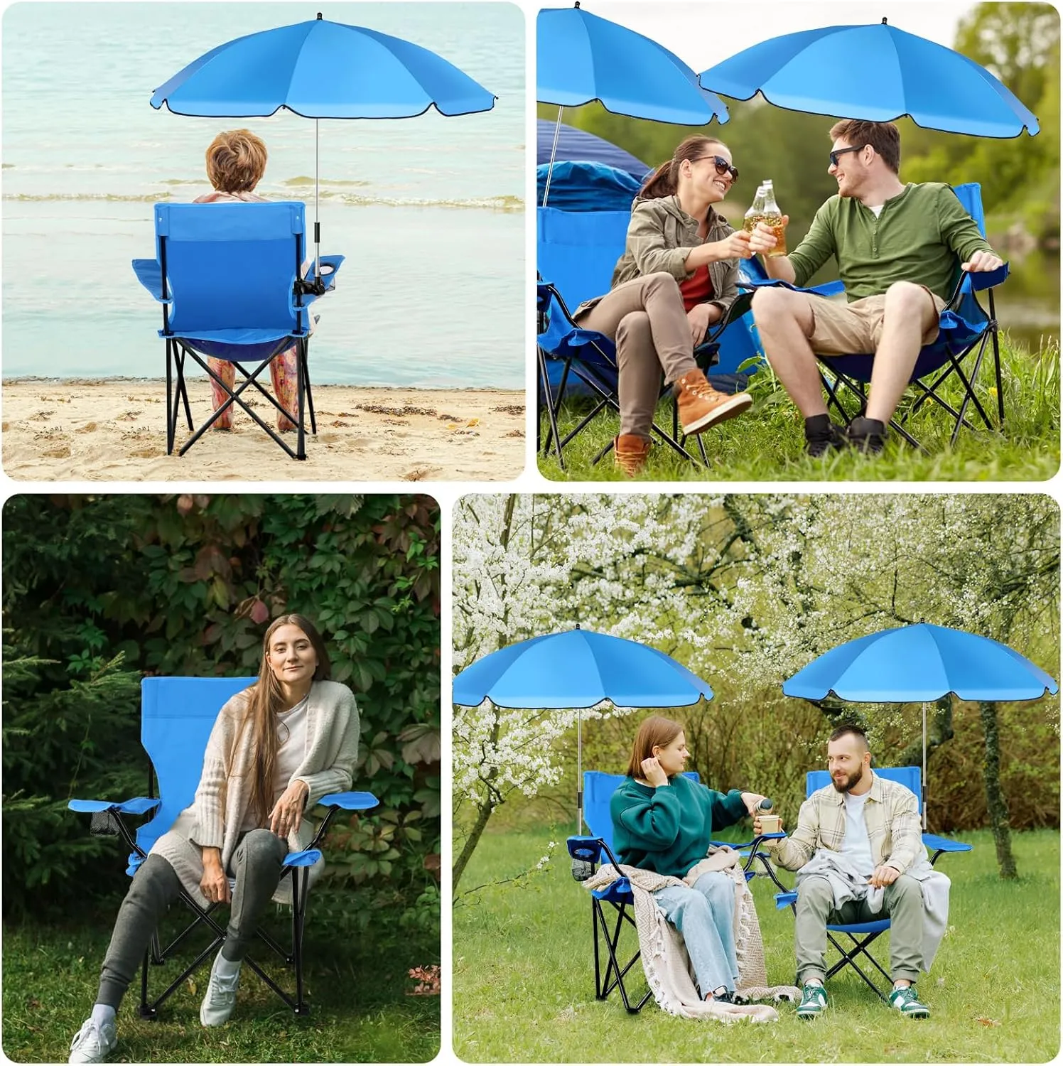 2 Set Beach Chair with Umbrella Folding Camping Chair for Adult Adjustable Shade Umbrella with Carry Bag for Lawn Beach Camping Travel Outdoor Pool, Dark Blue