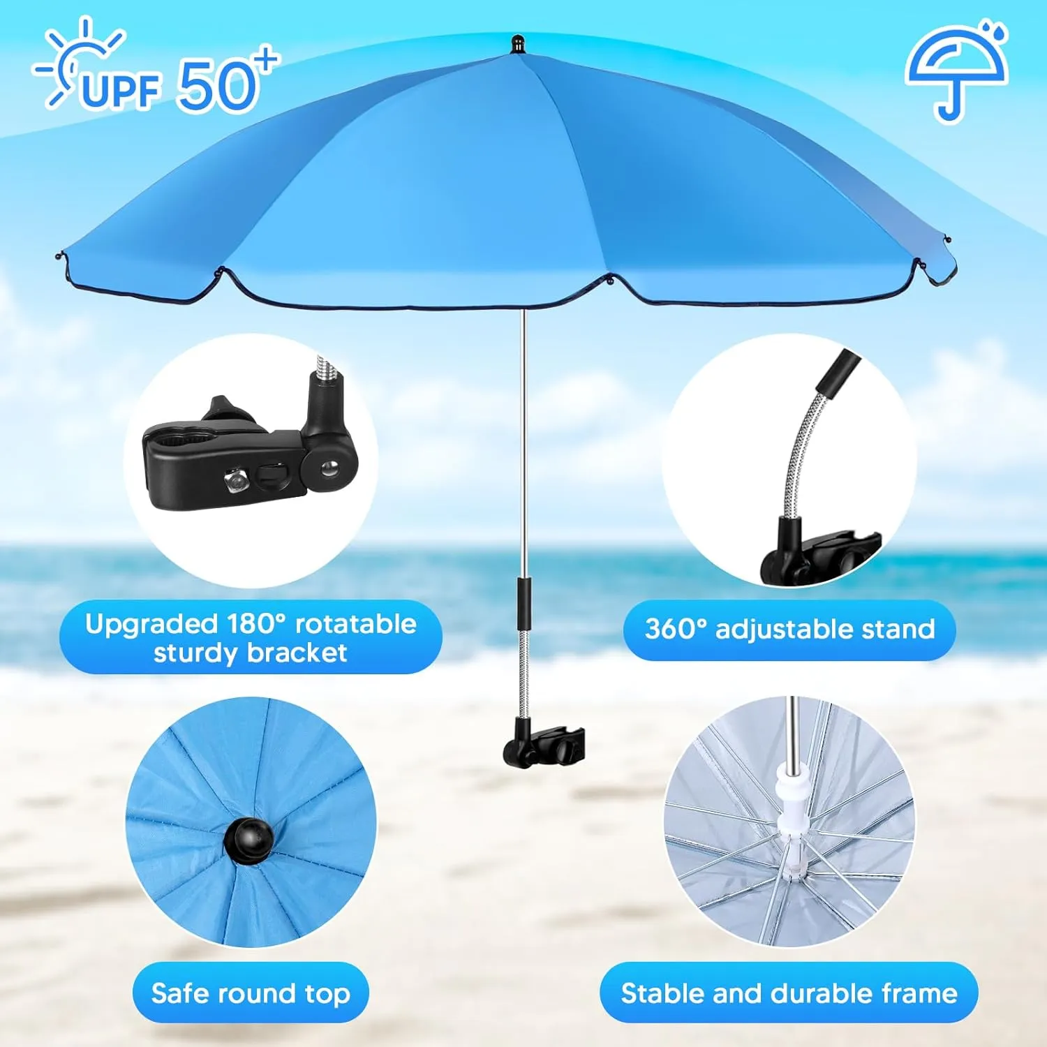 2 Set Beach Chair with Umbrella Folding Camping Chair for Adult Adjustable Shade Umbrella with Carry Bag for Lawn Beach Camping Travel Outdoor Pool, Dark Blue