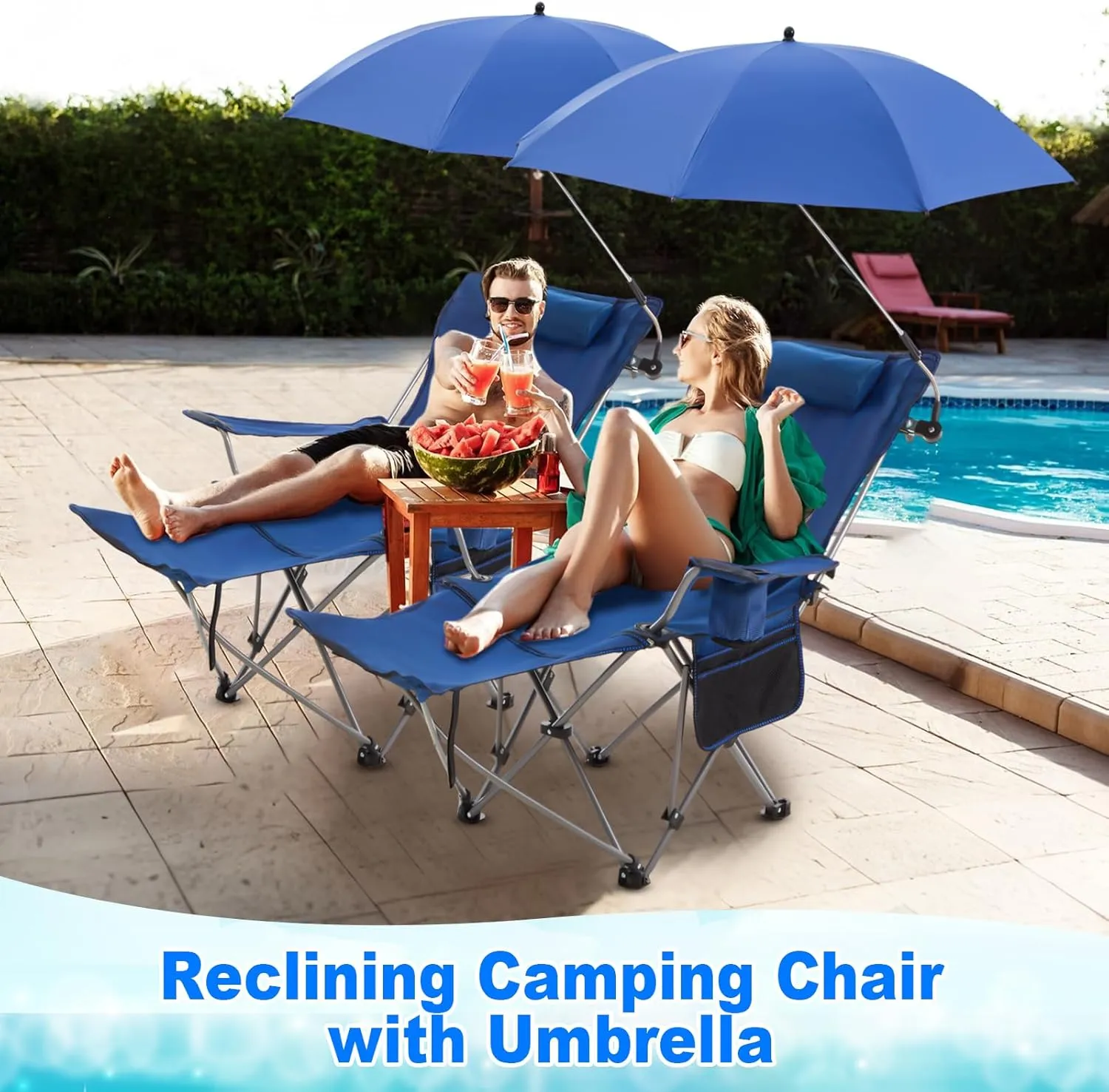 2 Set Reclining Camping Chair with Umbrella for Adult Folding Camping Chair with Foot Rest Adjustable Clamp Canopy Shade, SPF 50 , Lounger for Outdoor Spring Summer Travel(Blue,Oxford)