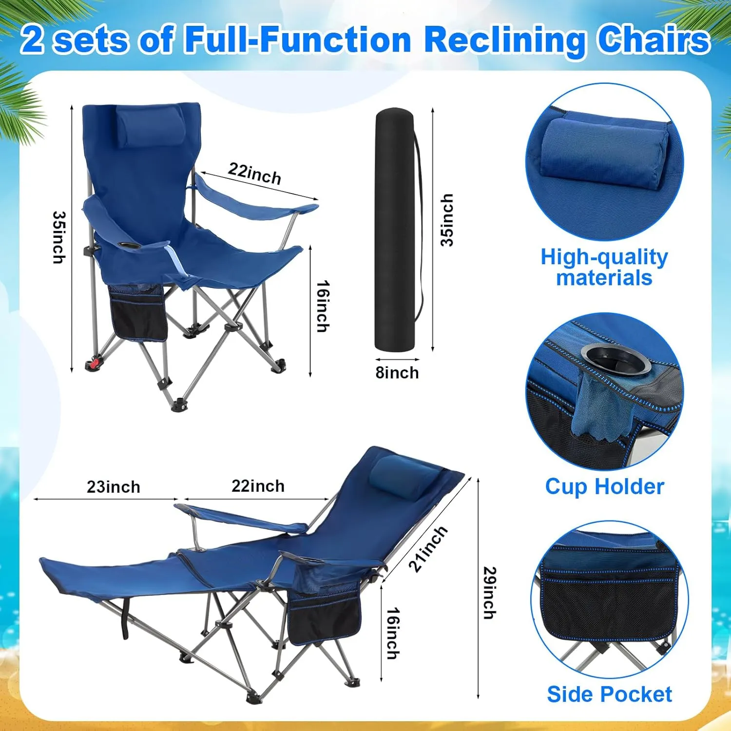 2 Set Reclining Camping Chair with Umbrella for Adult Folding Camping Chair with Foot Rest Adjustable Clamp Canopy Shade, SPF 50 , Lounger for Outdoor Spring Summer Travel(Blue,Oxford)
