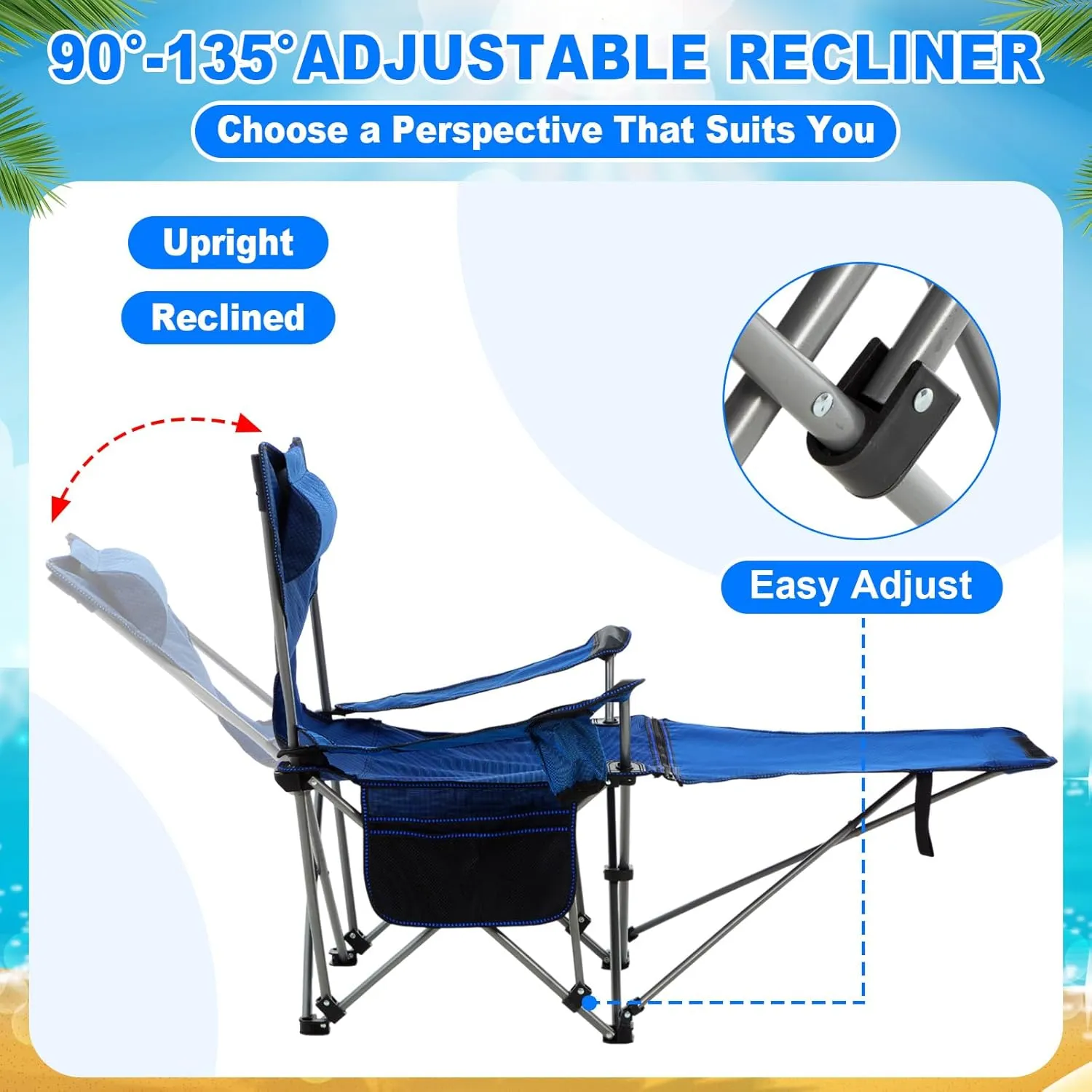 2 Set Reclining Camping Chair with Umbrella for Adult Folding Camping Chair with Foot Rest Adjustable Clamp Canopy Shade, SPF 50 , Lounger for Outdoor Spring Summer Travel(Blue,Oxford)