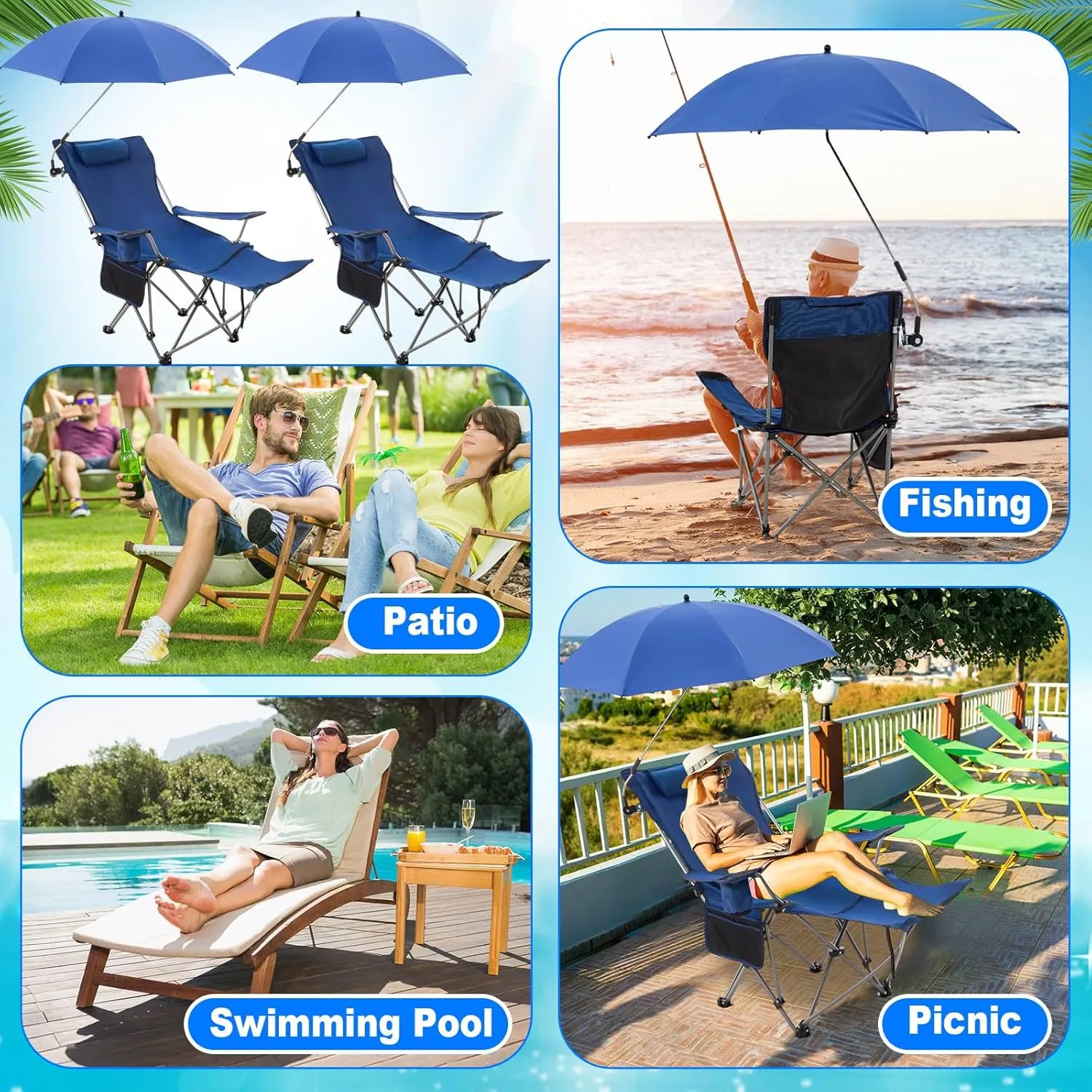 2 Set Reclining Camping Chair with Umbrella for Adult Folding Camping Chair with Foot Rest Adjustable Clamp Canopy Shade, SPF 50 , Lounger for Outdoor Spring Summer Travel(Blue,Oxford)
