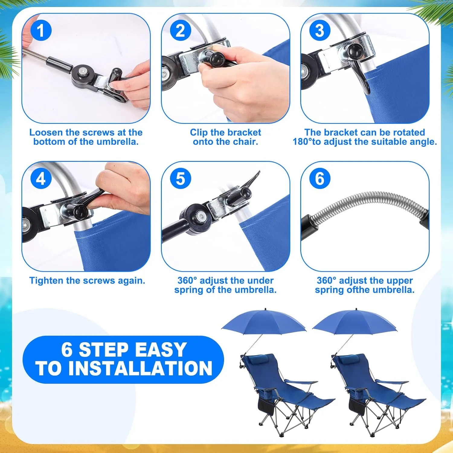 2 Set Reclining Camping Chair with Umbrella for Adult Folding Camping Chair with Foot Rest Adjustable Clamp Canopy Shade, SPF 50 , Lounger for Outdoor Spring Summer Travel(Blue,Oxford)