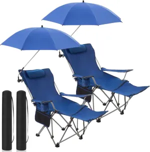 2 Set Reclining Camping Chair with Umbrella for Adult Folding Camping Chair with Foot Rest Adjustable Clamp Canopy Shade, SPF 50 , Lounger for Outdoor Spring Summer Travel(Blue,Oxford)