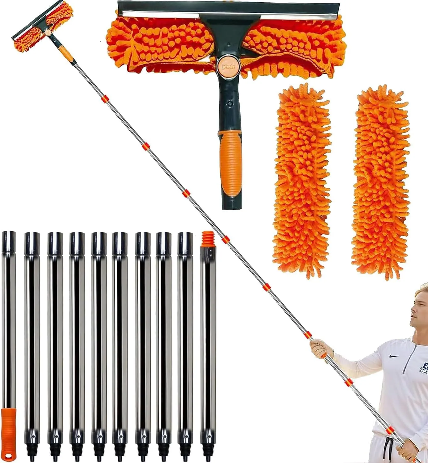20  Ft Reach 2 in 1 Window Washing Squeegee with 3-14 ft Spliceable Extension Pole // Window Cleaning Tool & Window Washer Squeegee for Home Indoor Outdoor Window Washing