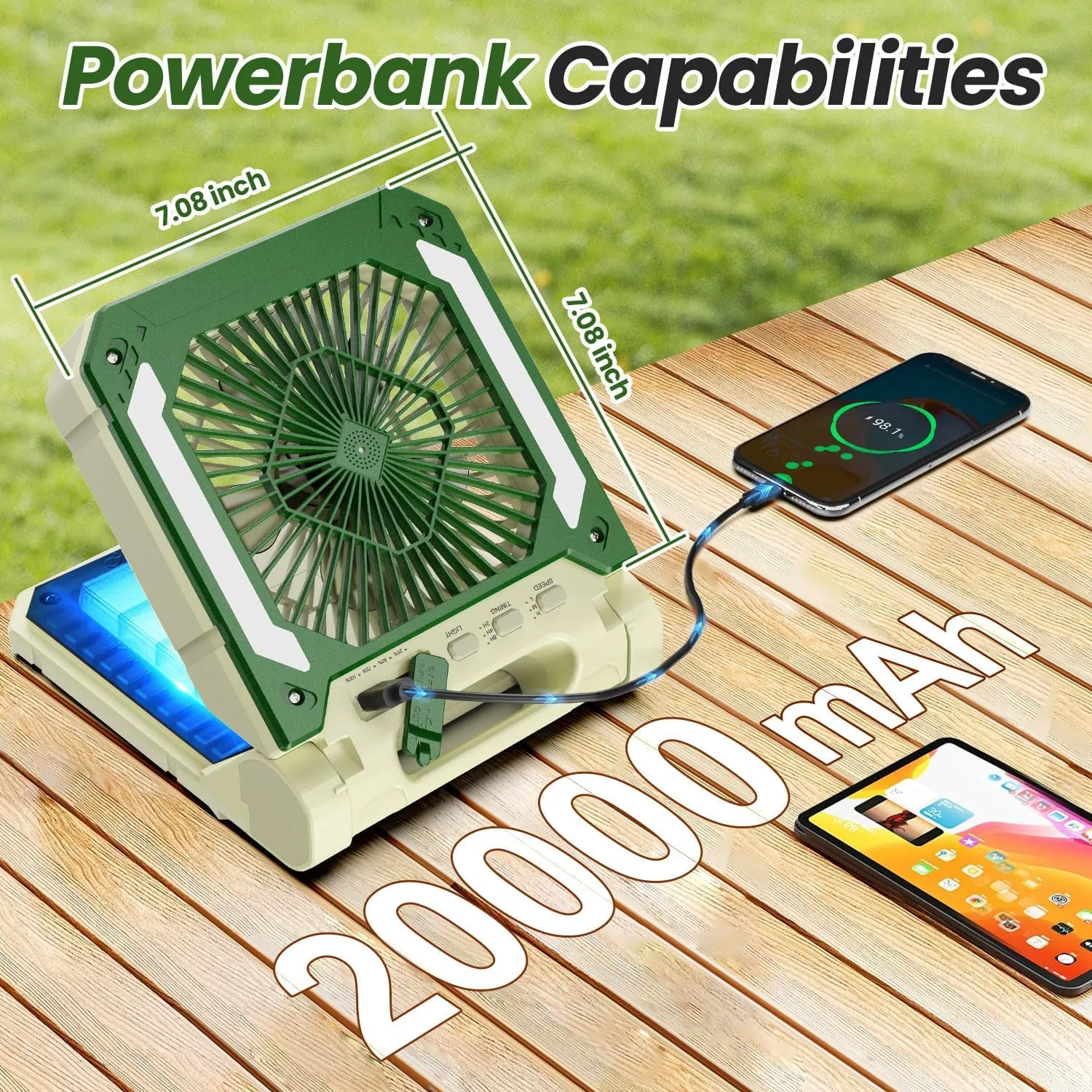 20000mAh Rechargeable Solar Camping Fan with Led Lantern, 3 Adjustable Speeds Cordless Battery Powered Portable Fan,Timer & Hanging Hook, Quiet USB-C Desk Fan for Tent Hurricane Worksite(Beige)